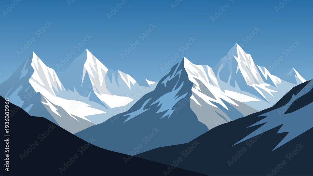 Fototapeta premium Stylized mountain range illustration with shades of blue and white peaks