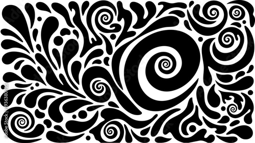 Abstract black and white floral swirl pattern on a white background