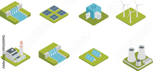 Isometric renewable and conventional energy sources set with hydro dam solar panels wind turbines thermal and nuclear power plants industry icons