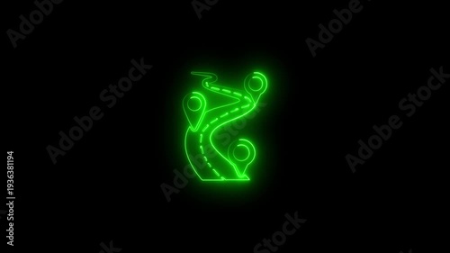Neon green glowing route map with location pins and winding road on black background for navigation and travel concepts