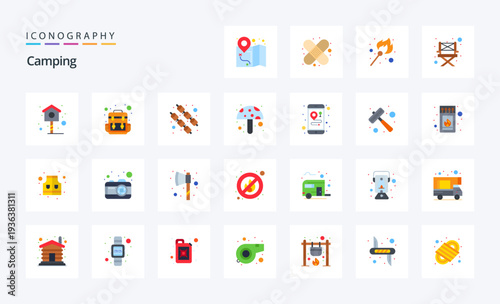 25 Camping Flat color icon pack. Vector icons illustration