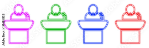 colorful neon outline icons of people at podiums with microphones in a set for presentations and public speaking events