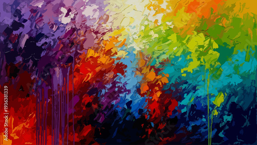 Abstract expressionist painting with vibrant, colorful brushstrokes and dynamic texture