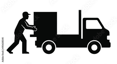 A black silhouette depicts a delivery worker pushing a large van on a white background silhouette high quality