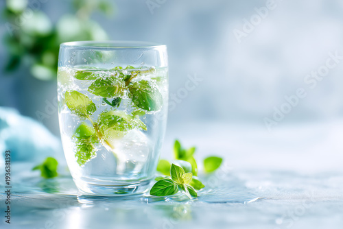 Refreshing morning hydration concept with mint infused water glass