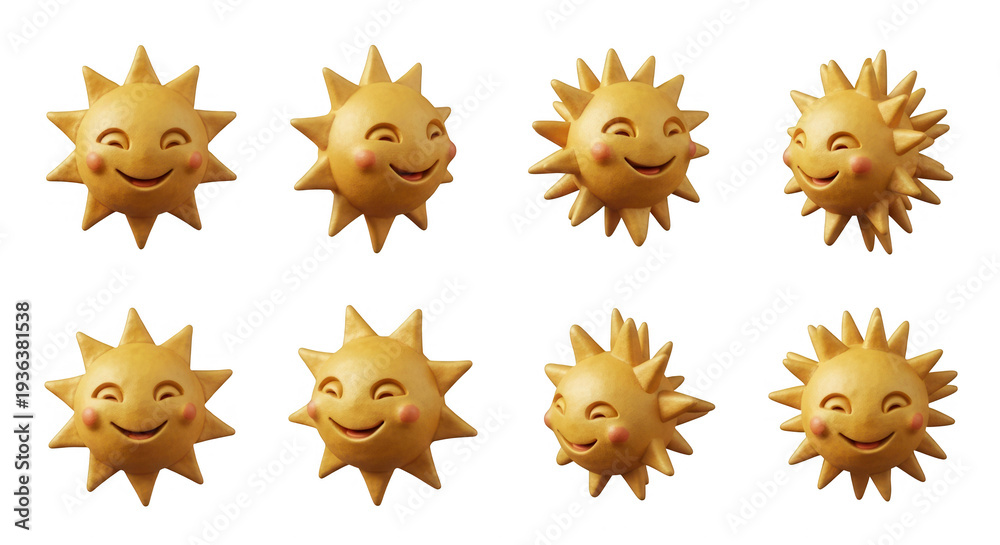 Obraz premium smiling sun emojis of different angles on a white background weather and happiness for various design applications
