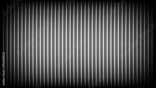 Abstract neon white ribbed fractal glass background with glowing light effect.