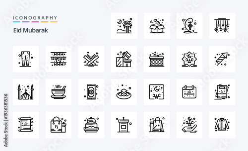 25 Eid Mubarak Line icon pack. Vector icons illustration