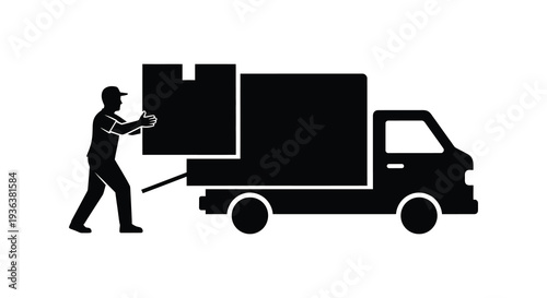 A black silhouette of a delivery worker pushing a box on a wheeled cart near a van silhouette