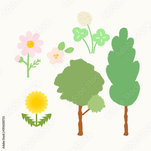 크레파스 손그림 모음 나무 꽃