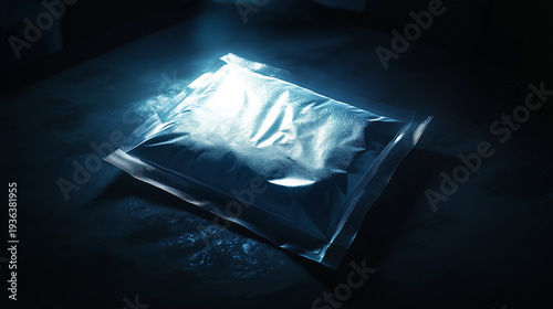 Sealed plastic powder package illuminated on dark surface