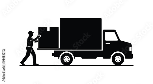 A black silhouette depicts a person pushing a large box towards a delivery van silhouette high quality professional