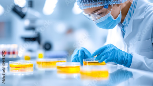 Scientist in lab coat examining samples in modern laboratory setting carefully
