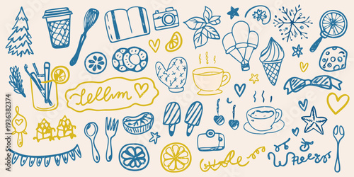 Hand drawn illustrations of food travel and decorative elements