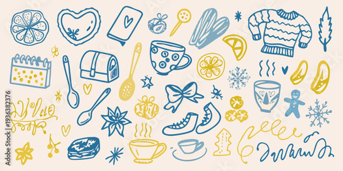 Festive hand drawn illustrations of winter holiday objects and cozy items