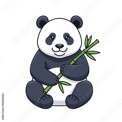 Cute Panda Holding Bamboo Branch, Cartoon Style, White Background
