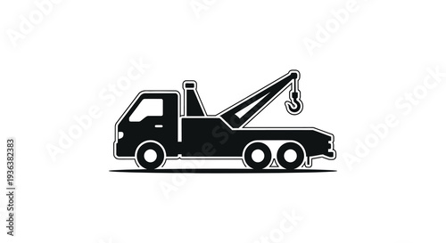 A stark black silhouette of a tow truck with a raised crane arm symbolizing roadside assistance silhouette