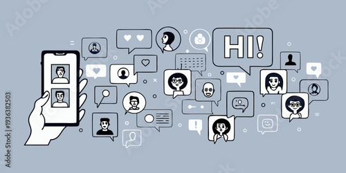 Digital communication concept with hand holding a phone and social icons