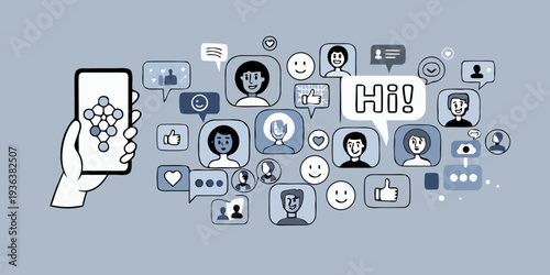 Social media concept with hand holding a phone and surrounding icons