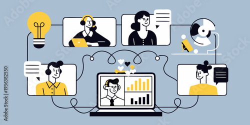 Online customer service team collaborating with data visualization on screens