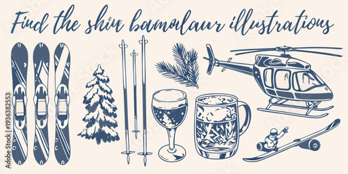 Winter themed illustrations skis helicopter pine trees and beverages