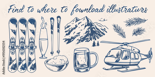 Winter sports and leisure illustrations with mountains and a helicopter