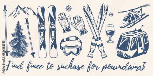 A collection of illustrated skiing equipment and apr s ski items
