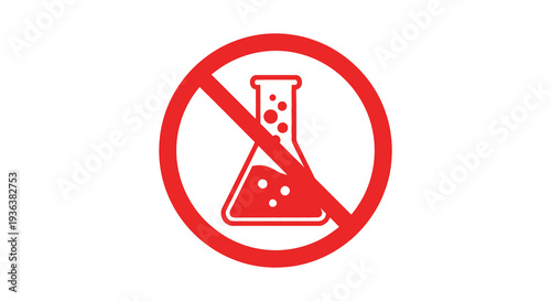 A bold red prohibition sign depicting a flask with liquid indicating a no chemicals policy silhouette high quality professional