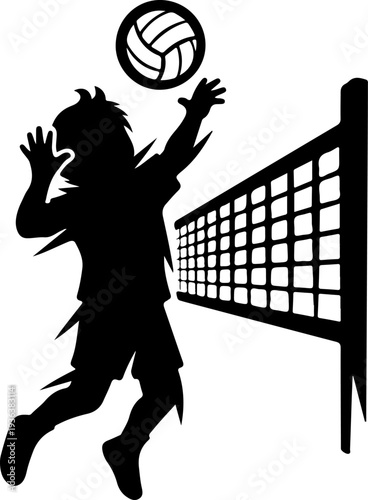 Black silhouette of volleyball player spiking ball vector
