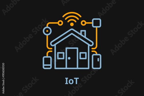 Smart home automation system icon with IoT text, internet of things concept with house and connected devices on dark background.