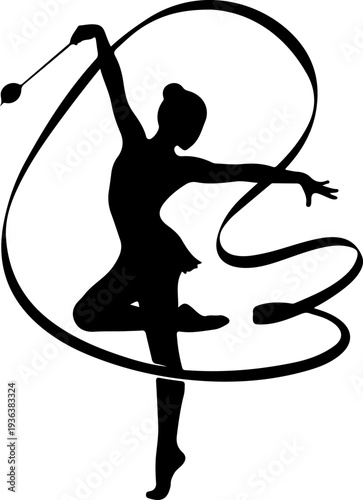 Vector silhouette of gymnast with ribbon