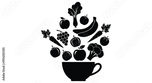 A black silhouette arrangement of various fruits and vegetables overflowing from a teacup silhouette high quality professional detailed