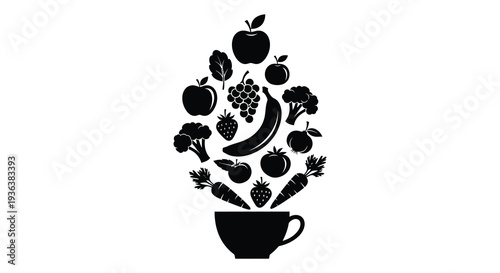 A black silhouette of fruits and vegetables overflowing from a dark cup showcasing healthy eating silhouette high quality