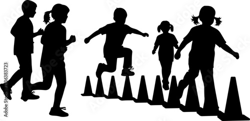 Set of 5 black silhouette children running vector