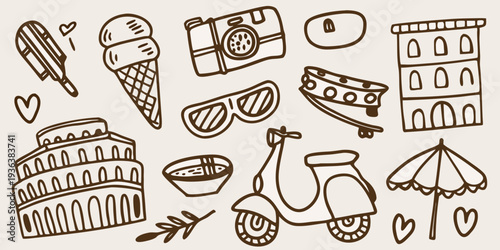Hand drawn illustration featuring travel icons and summer vacation elements
