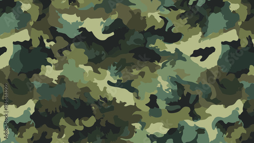 Abstract military-style camouflage pattern featuring a seamless blend of dark green, olive, and brown shades, creating a versatile background texture for various design projects and applications