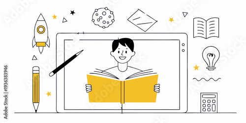 Learning and education concept with a student and various study symbols