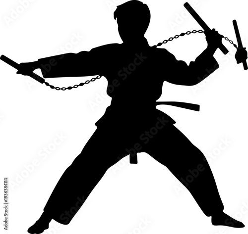 Vector silhouette of ninja with chain nunchucks