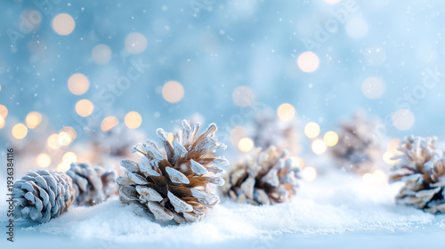 Snowy pine cones on a winter wonderland background with bokeh lights shining brightly high quality professional