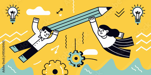 Teamwork and creativity people lifting a large pencil with ideas