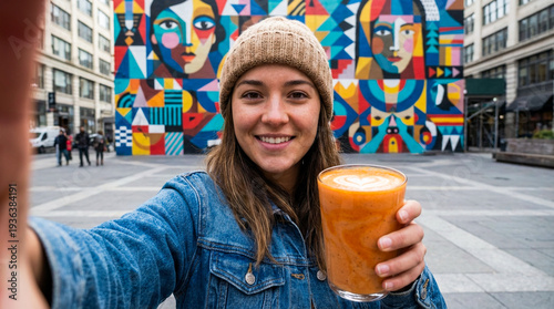 Young woman taking selfie with fresh carrot smoothie in vibrant urban street with colorful mural background healthy lifestyle concept