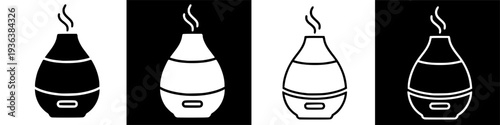 Aroma diffuser icon set for wellness and relaxation, emitting steam, isolated on black