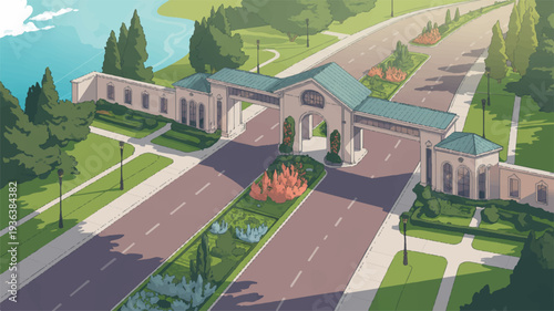 Large beige building with green roof surrounded by trees and road on sunny day