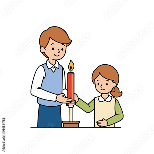 Father and daughter lighting candle for Patriot Day remembrance ceremony