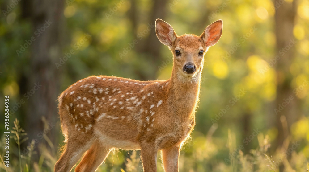 Obraz premium Cute spotted fawn standing in a sunlit forest clearing, looking at the camera