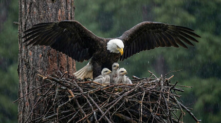 Bald Eagle Protective Mother With Chicks In Nest During Rainfall