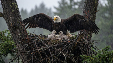 Bald Eagle Protecting Chicks in Nest During Rainstorm