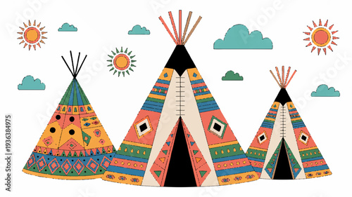 Colorful native american teepees with vibrant patterns under sunny skies and clouds
