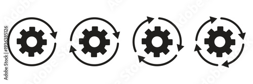 Gear with circular sync arrows icon. Represents automated processes, data synchronization, system recovery, and continuous workflow. Minimalist vector design in black and blue