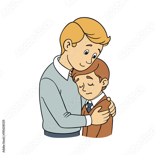 Gentle man hugging sad child showing support during Patriot Day grief